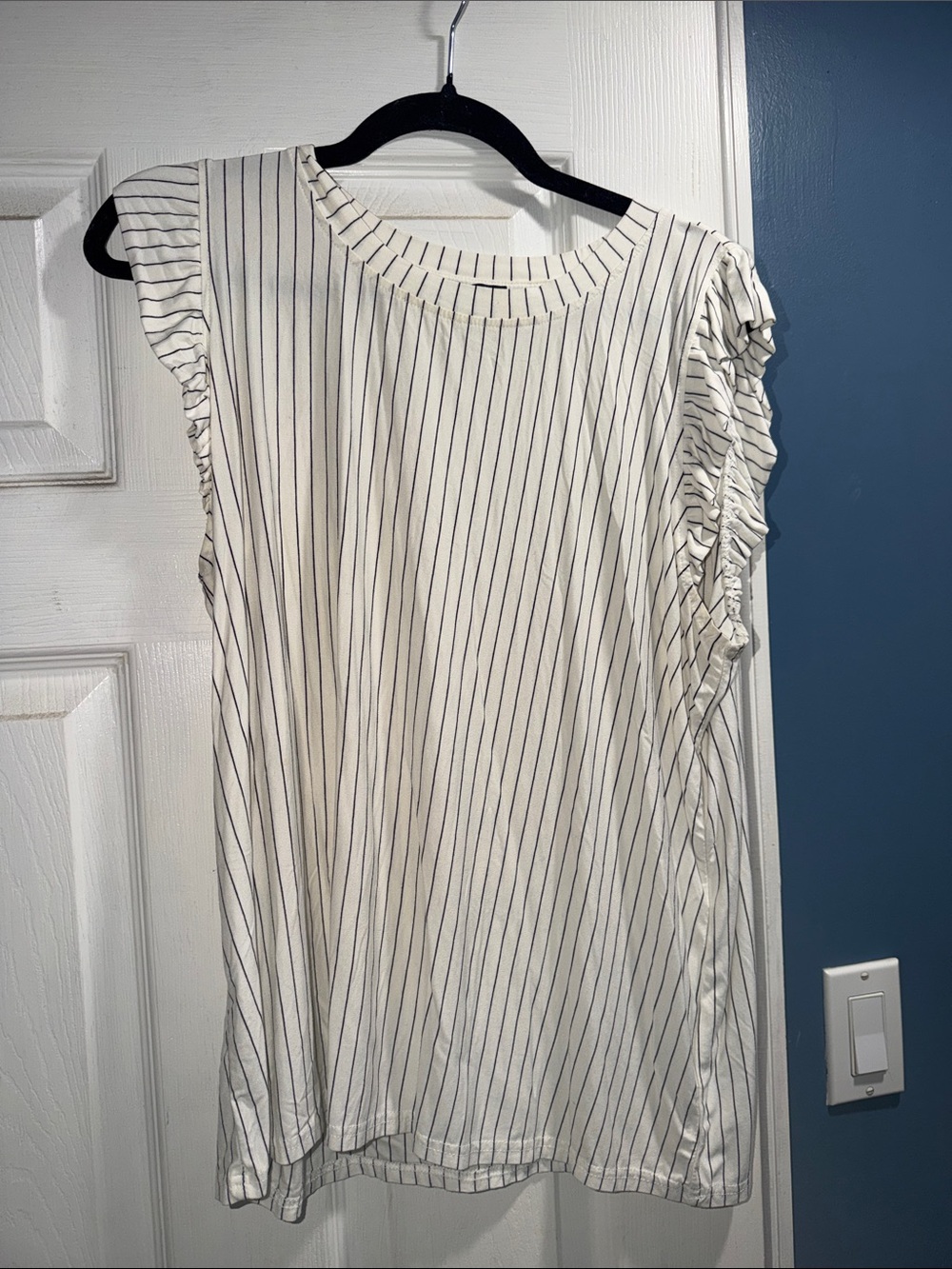 White Pinstripe Ruffle Sleeve Blouse